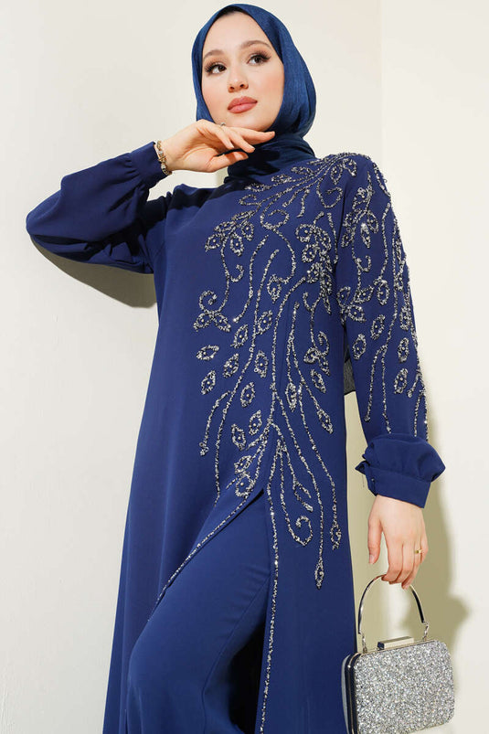 Önü Parlak Taşlı Uzun Tunik Büyük Beden İkili Takım Lacivert