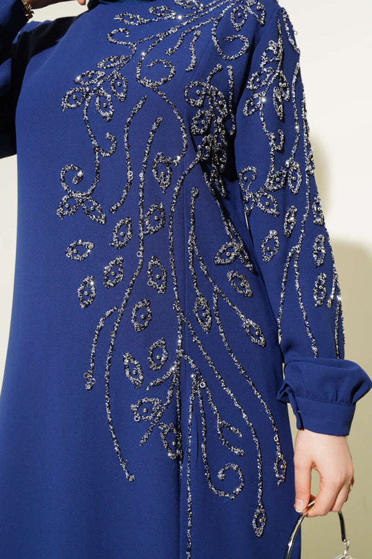 سترة طويلة مزينة بأحجار لامعة في الأمام، بدلة كبيرة الحجم من قطعتين، أزرق داكن