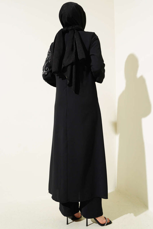 Önü Parlak Taşlı Uzun Tunik Büyük Beden İkili Takım Siyah