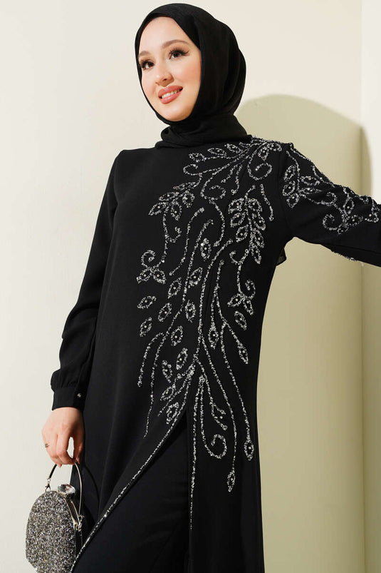 Önü Parlak Taşlı Uzun Tunik Büyük Beden İkili Takım Siyah