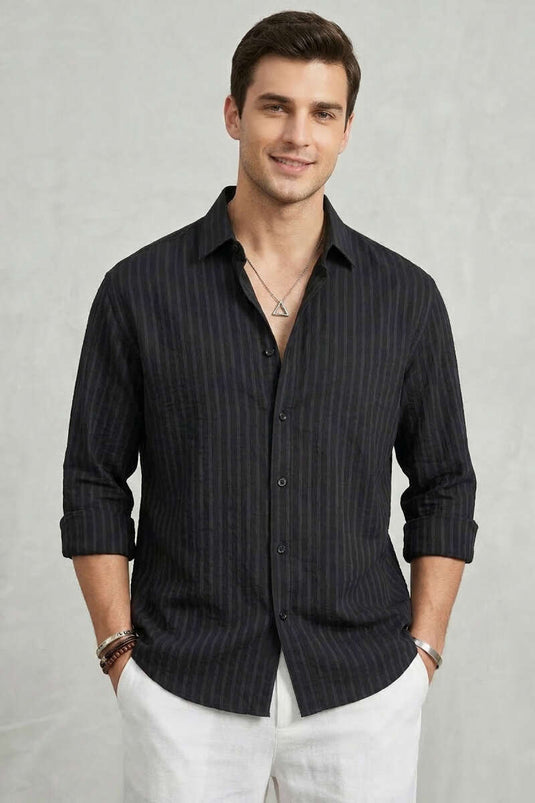 Chemise en lin rayée à boutons pour homme, noire