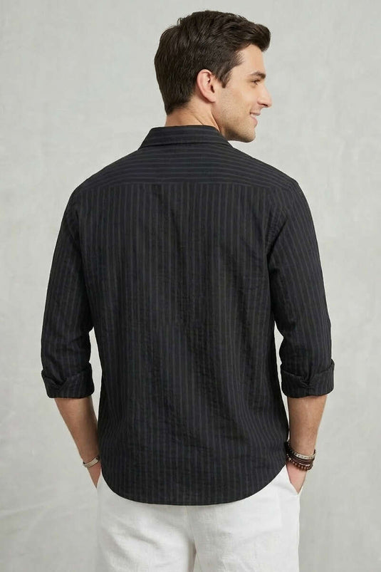 Chemise en lin rayée à boutons pour homme, noire