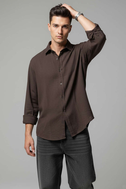 Chemise homme en lin à boutons devant, couleur café