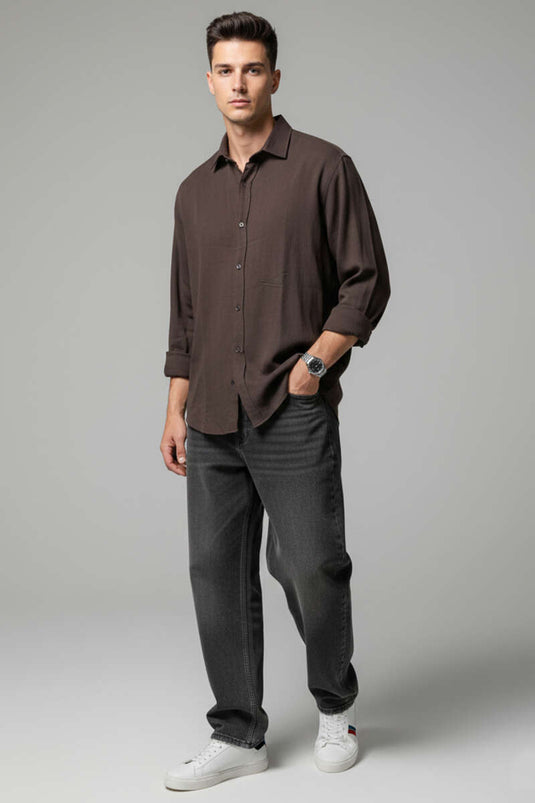 Chemise homme en lin à boutons devant, couleur café