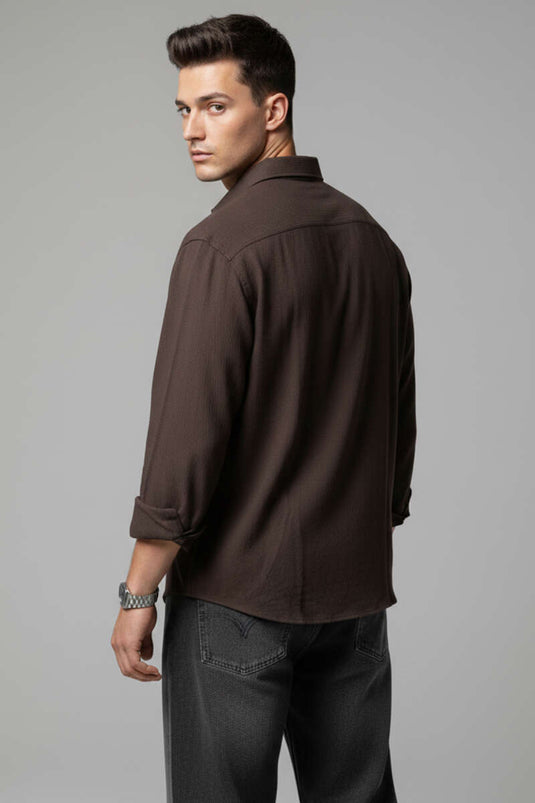 Chemise homme en lin à boutons devant, couleur café