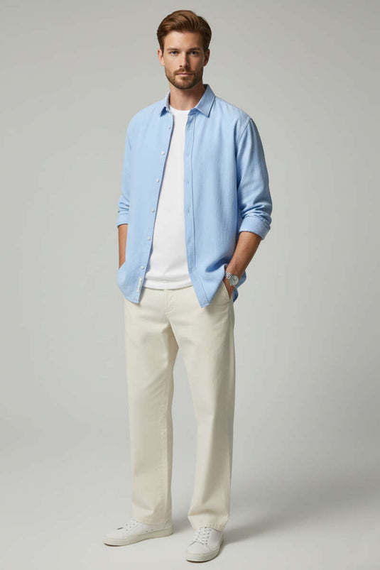 Front Button Linen Men's Shirt Blue
