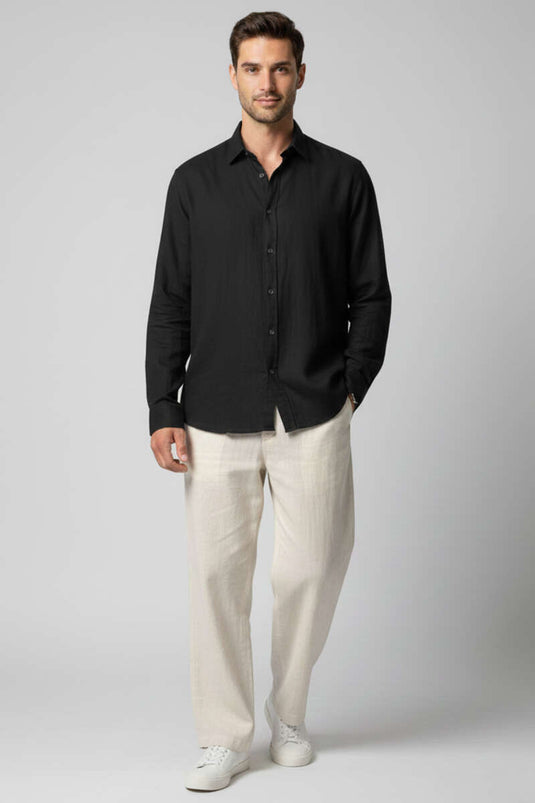 Chemise homme en lin à boutons noirs