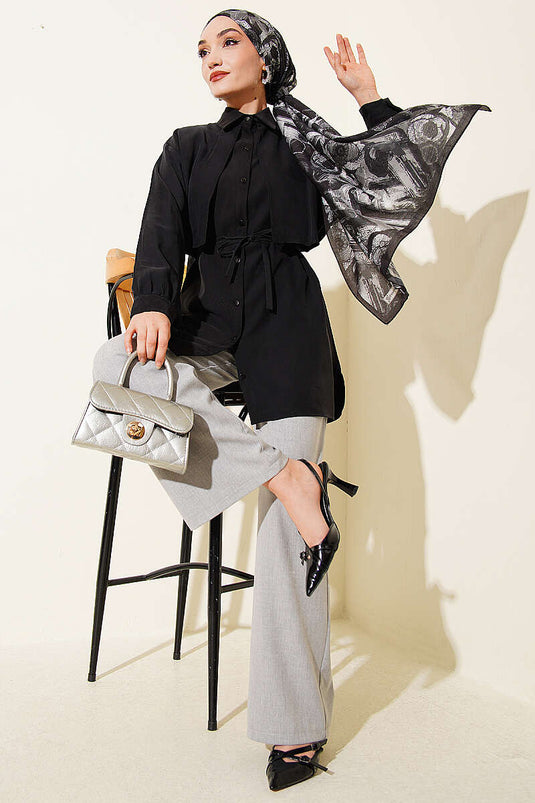 Black Tencel Shirt with Front Cape and Drawstring Belt