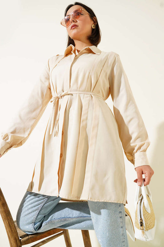 تونيك بحزام من الأمام بلون بيج