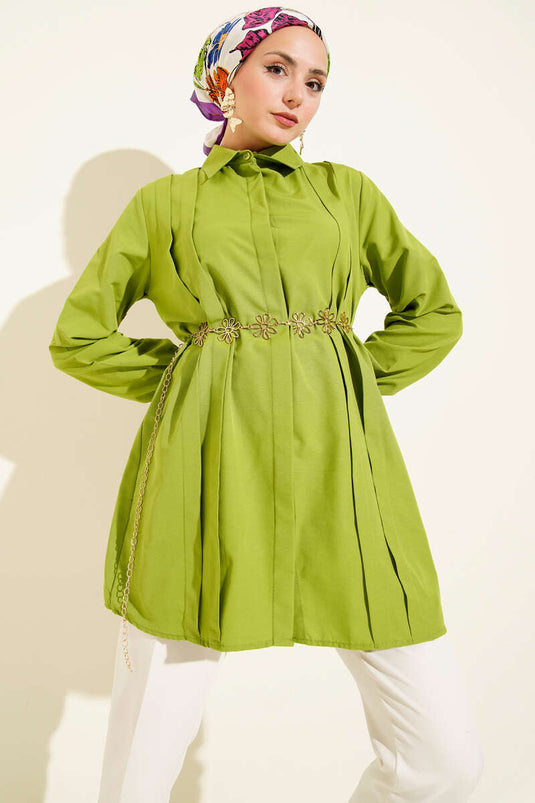 Tunique à pinces sur le devant avec ceinture en corde vert pistache