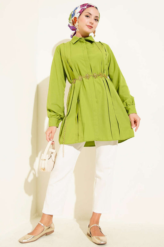 Tunique à pinces sur le devant avec ceinture en corde vert pistache