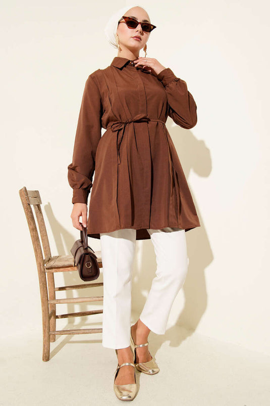 Front Darted Rope Belted Tunic Brown