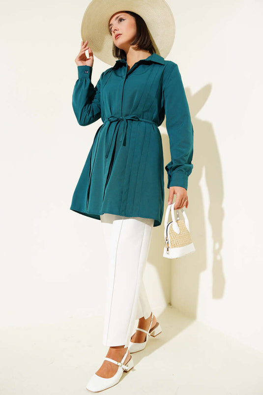 Önü Pensli İp Kuşaklı Tunik Zümrüt