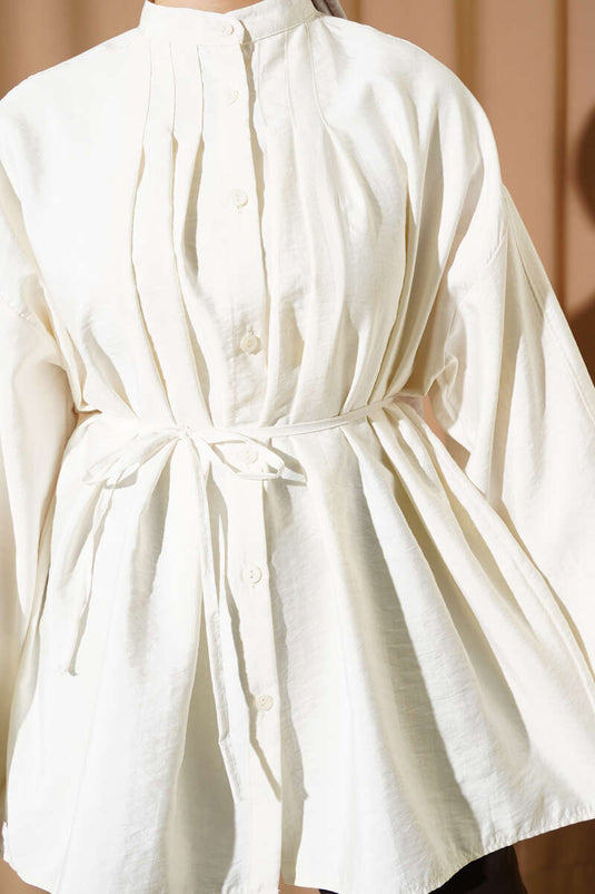 Önü Pensli Paraşüt Gömlek Ekru