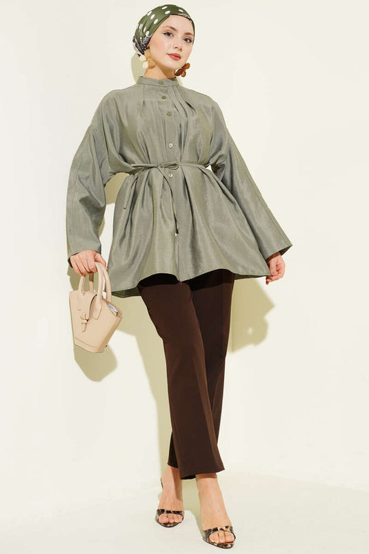 Front Pleated Parachute Shirt Khaki