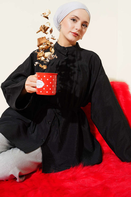 Önü Pensli Paraşüt Gömlek Siyah