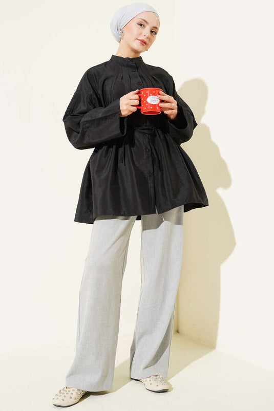 Önü Pensli Paraşüt Gömlek Siyah