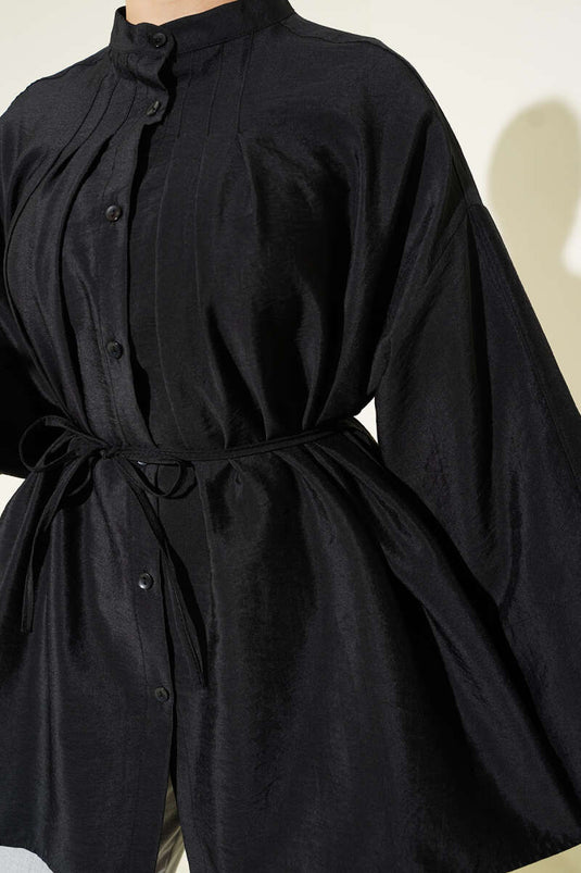 Önü Pensli Paraşüt Gömlek Siyah