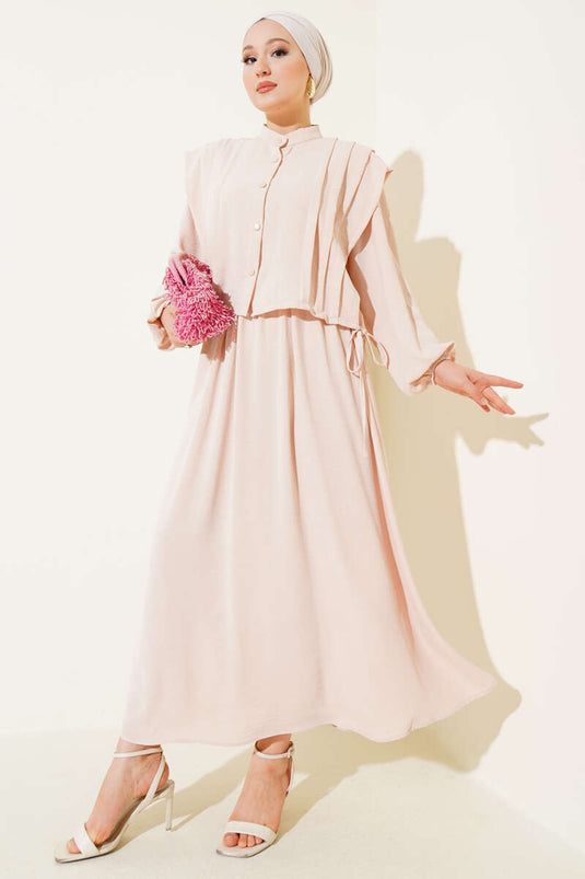 Önü Pile Detaylı Bolerolu Elbise Bej