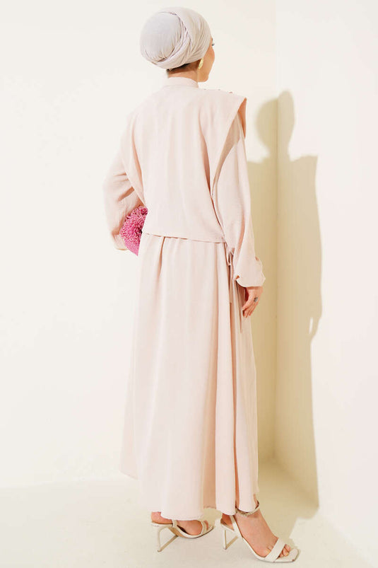 Önü Pile Detaylı Bolerolu Elbise Bej