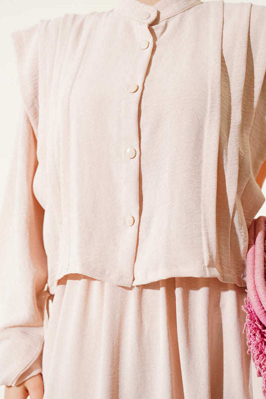 Önü Pile Detaylı Bolerolu Elbise Bej