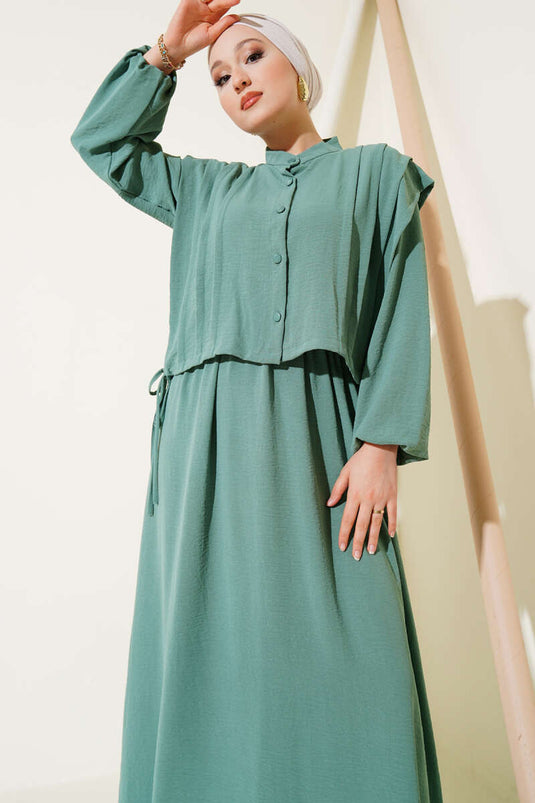 Dress with Front Pleated Detail and Bolero in Pistachio Green