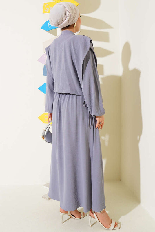 Önü Pile Detaylı Bolerolu Elbise Gri