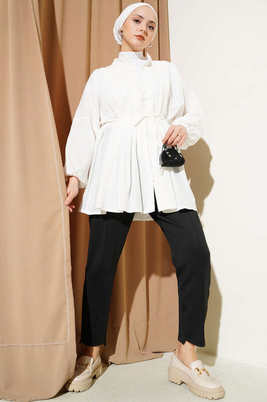 Önü Pile Detaylı Pamuk Vual Gömlek Ekru