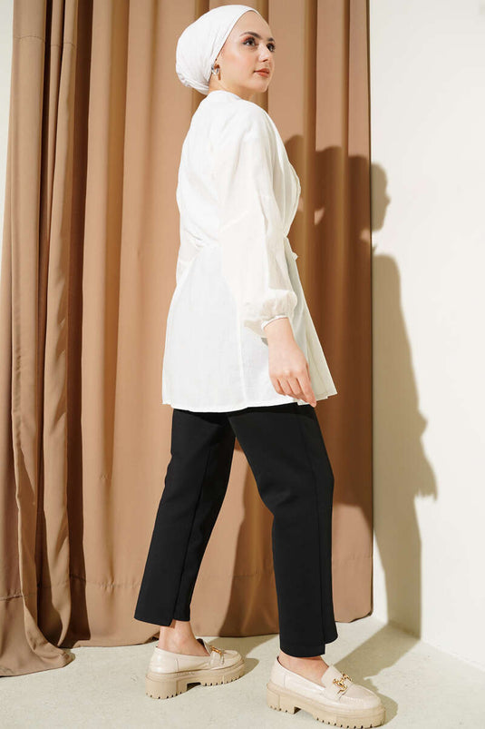 Önü Pile Detaylı Pamuk Vual Gömlek Ekru