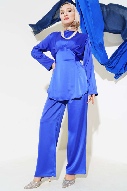 Önü Pile Detaylı Saten İkili Takım Saks