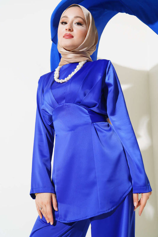 Önü Pile Detaylı Saten İkili Takım Saks