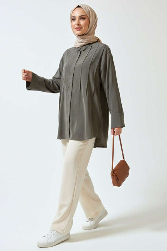 Front Pleated Detail Tencel Shirt Khaki