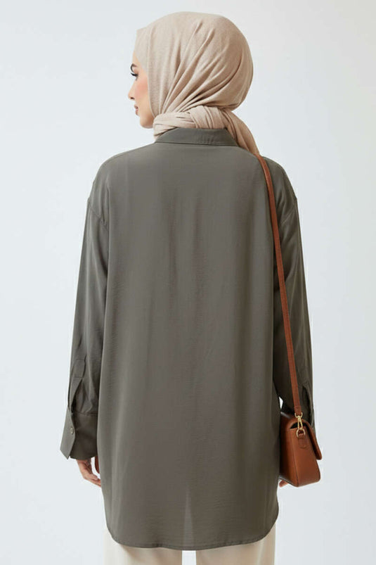 Front Pleated Detail Tencel Shirt Khaki
