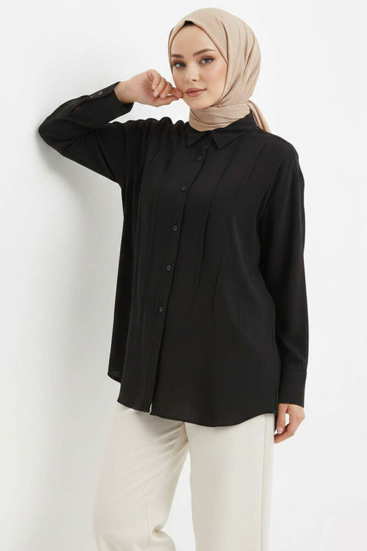 Black Tencel Shirt with Front Pleat Detail