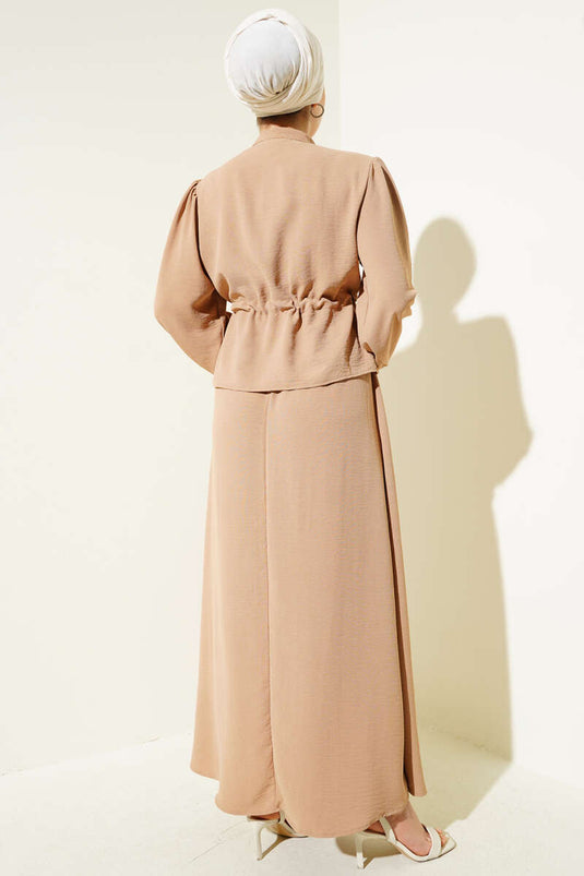 Pleated Front Waist Tunnel Skirted Suit Latte