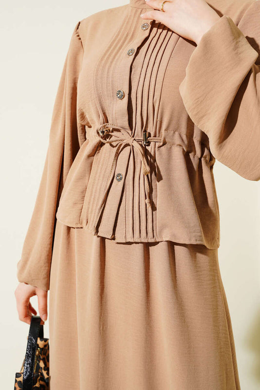 Pleated Front Waist Tunnel Skirted Suit Latte
