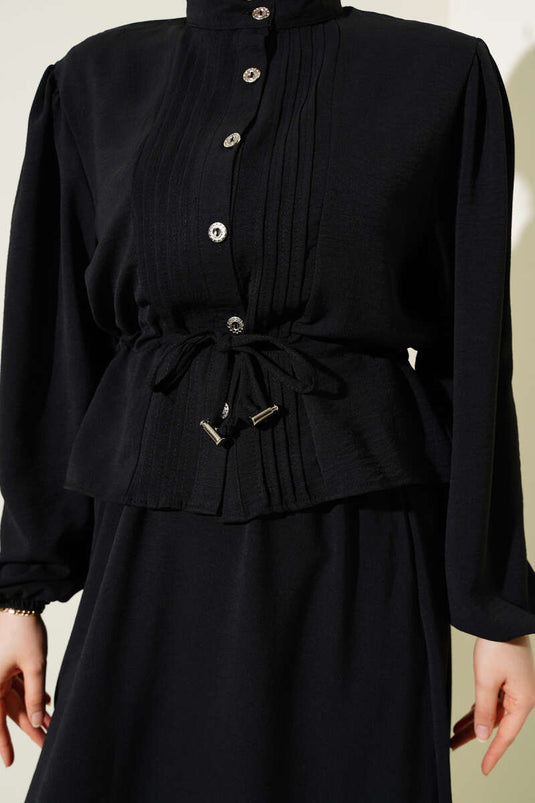 Pleated Front Waist Tunnel Skirted Suit Black