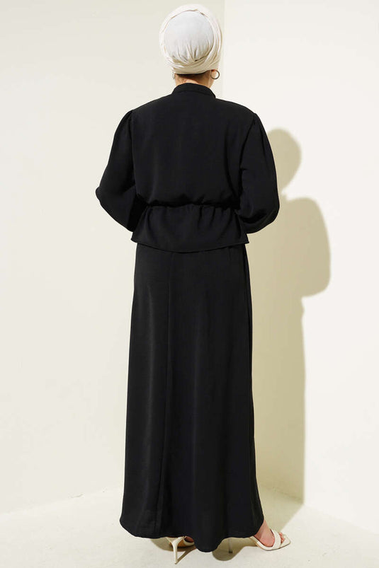Pleated Front Waist Tunnel Skirted Suit Black