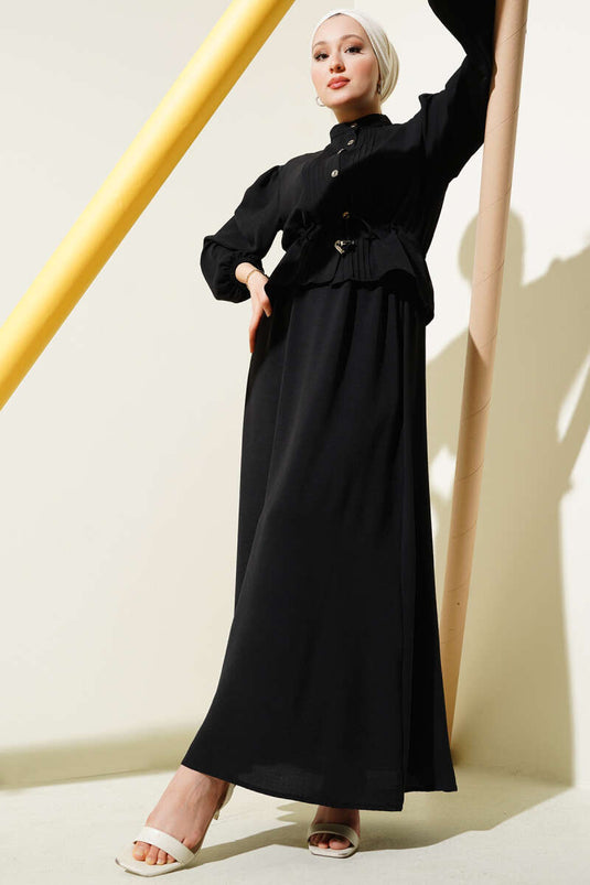 Pleated Front Waist Tunnel Skirted Suit Black