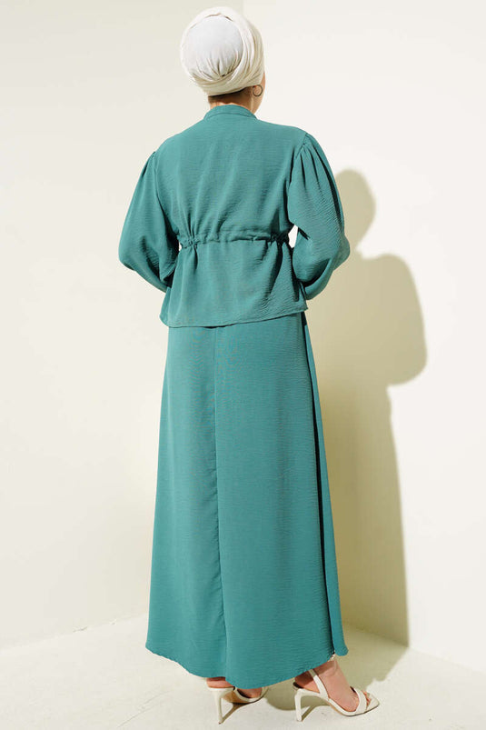 Önü Pileli Bel Tünelli Etekli Takım Yeşil