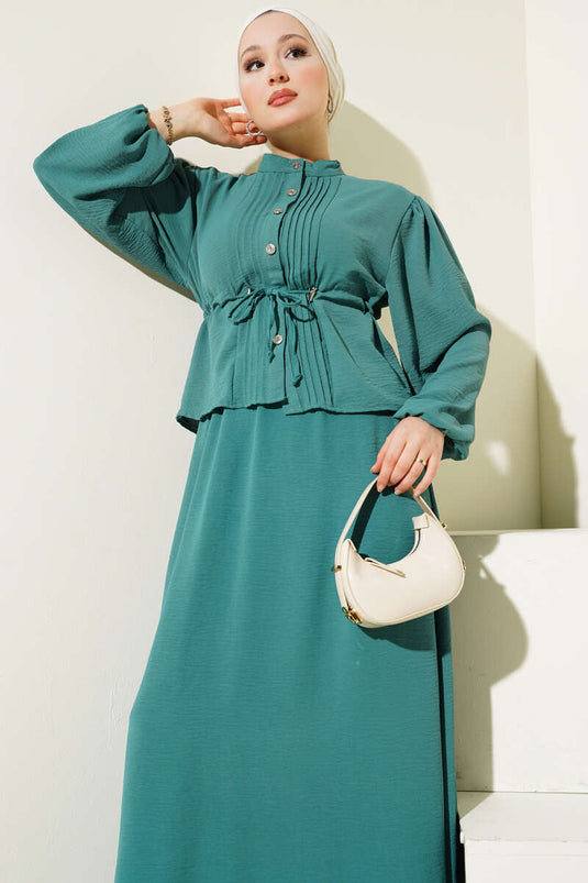 Önü Pileli Bel Tünelli Etekli Takım Yeşil