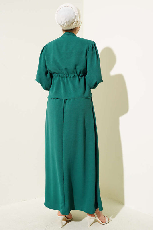 Önü Pileli Bel Tünelli Etekli Takım Zümrüt