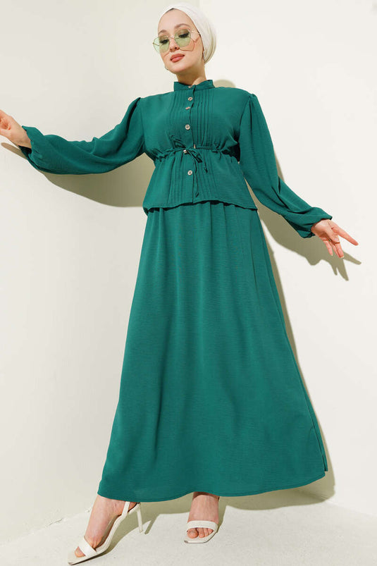 Önü Pileli Bel Tünelli Etekli Takım Zümrüt