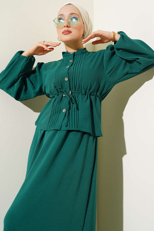 Önü Pileli Bel Tünelli Etekli Takım Zümrüt