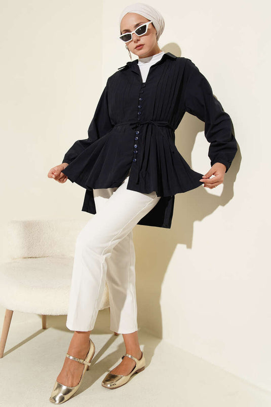 Önü Pilelİ Brit Düğmeli Gömlek Lacivert