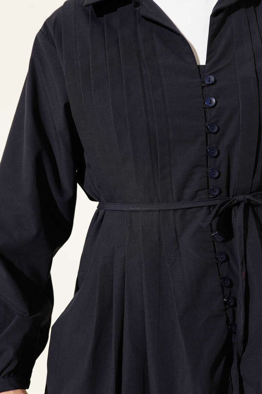 Önü Pilelİ Brit Düğmeli Gömlek Lacivert