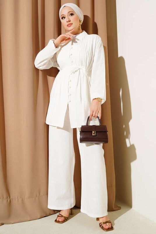 Pleated Front Brit Buttoned Linen Two Piece Suit Ecru
