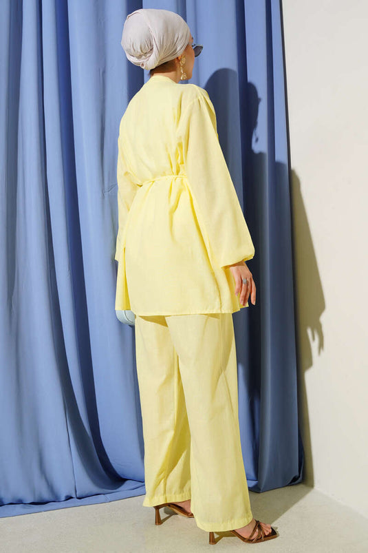 Pleated Front Brit Buttoned Linen Two Piece Suit Yellow