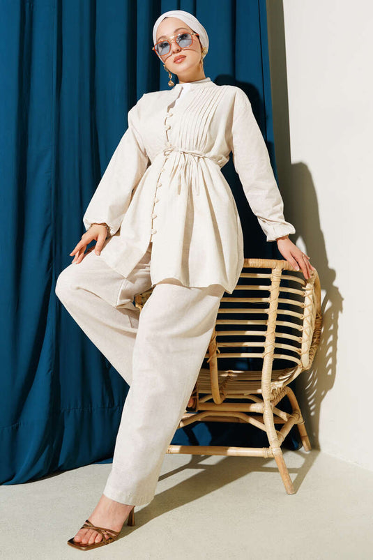 Pleated Brit Buttoned Linen Two Piece Set with Stone