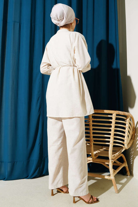 Pleated Brit Buttoned Linen Two Piece Set with Stone